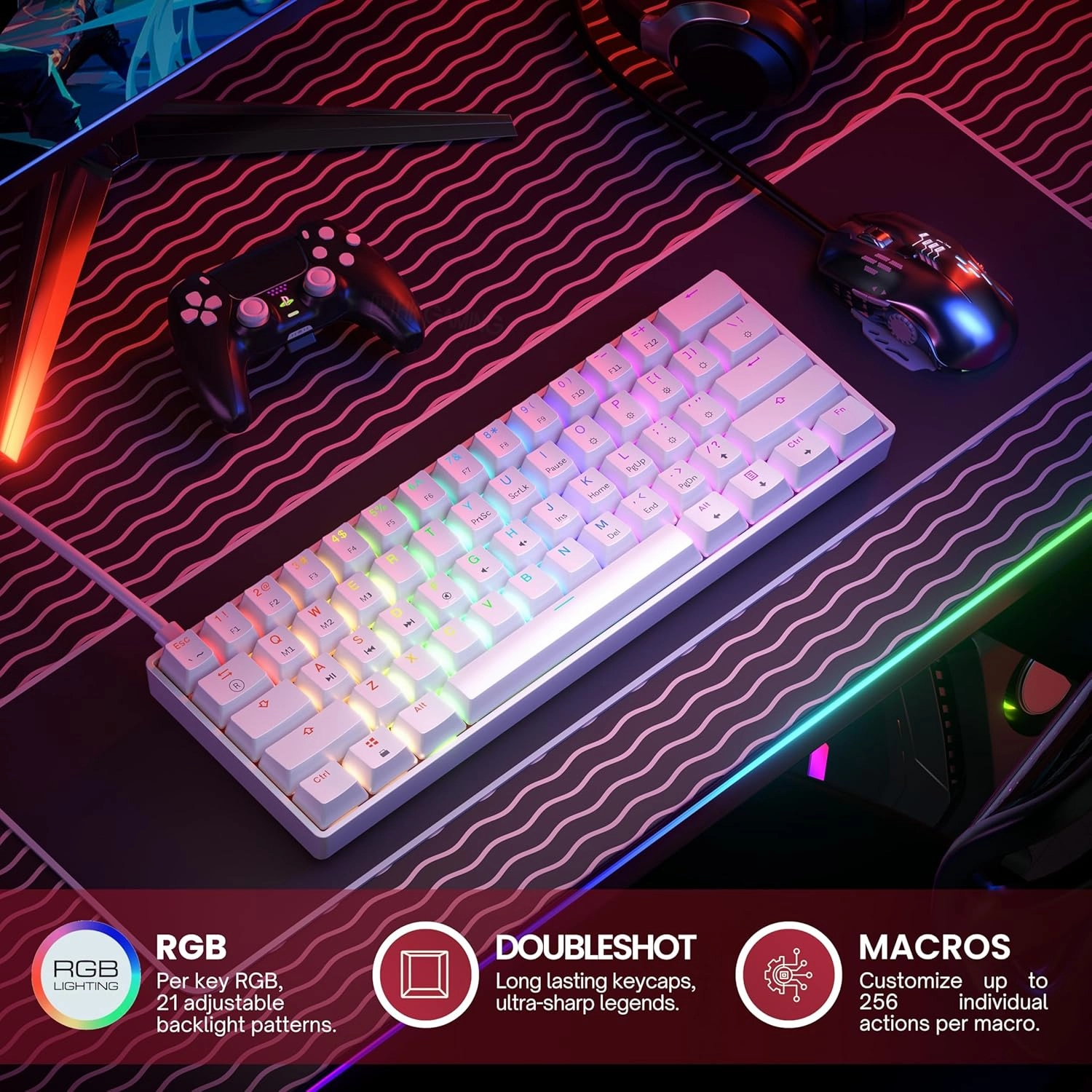 HK GAMING GK61HE 60% | Magnetic Mechanical Gaming Keyboard | Rapid Trigger 0.1mm Step | 61 Keys Multi Color RGB | 1kHz Polling Rate | PC/Mac Gamer | US Layout (White)