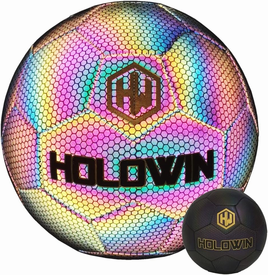 Holographic Luminous Soccer Ball for Night Games & Training Football Ball Glowing in The Dark Light Up Reflective with Camera Flash Reflects Light Gifts, & Men (Size 5, Black)