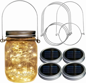 Homeleo 4 Pack Wide Mouth Mason Jar Solar Led Lights Insert Screw with Hangers, Warm White Waterproof Solar Fairy Lights for Outdoor Garden Decor Christmas Holiday Wedding Party(Jars Not Included)