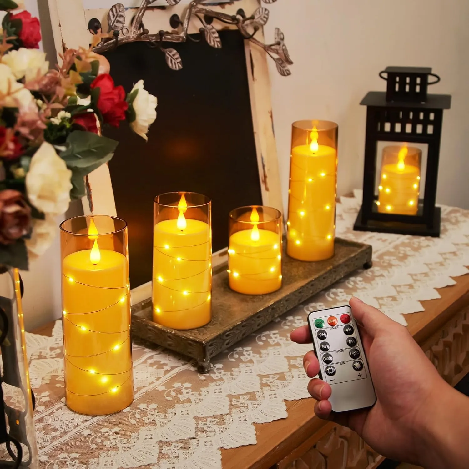 Homemory Acrylic Flameless Candles with Embedded Star String Fairy Lights, Battery Operated Candle, LED Candles, Fake Candles with Remote Control and Timer, Amber, Set of 5(H4 5" 6" 8" 8")