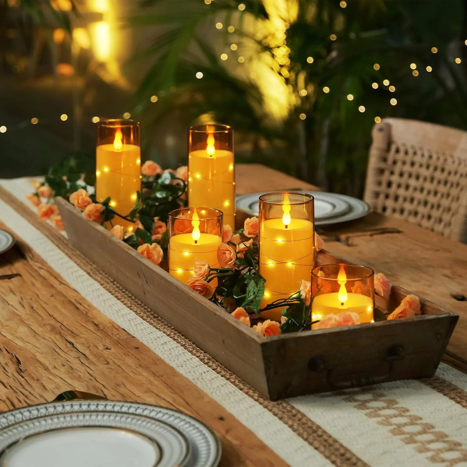 Homemory Acrylic Flameless Candles with Embedded Star String Fairy Lights, Battery Operated Candle, LED Candles, Fake Candles with Remote Control and Timer, Amber, Set of 5(H4 5" 6" 8" 8")