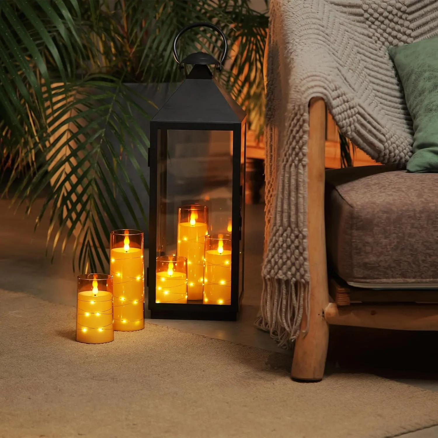 Homemory Acrylic Flameless Candles with Embedded Star String Fairy Lights, Battery Operated Candle, LED Candles, Fake Candles with Remote Control and Timer, Amber, Set of 5(H4 5" 6" 8" 8")