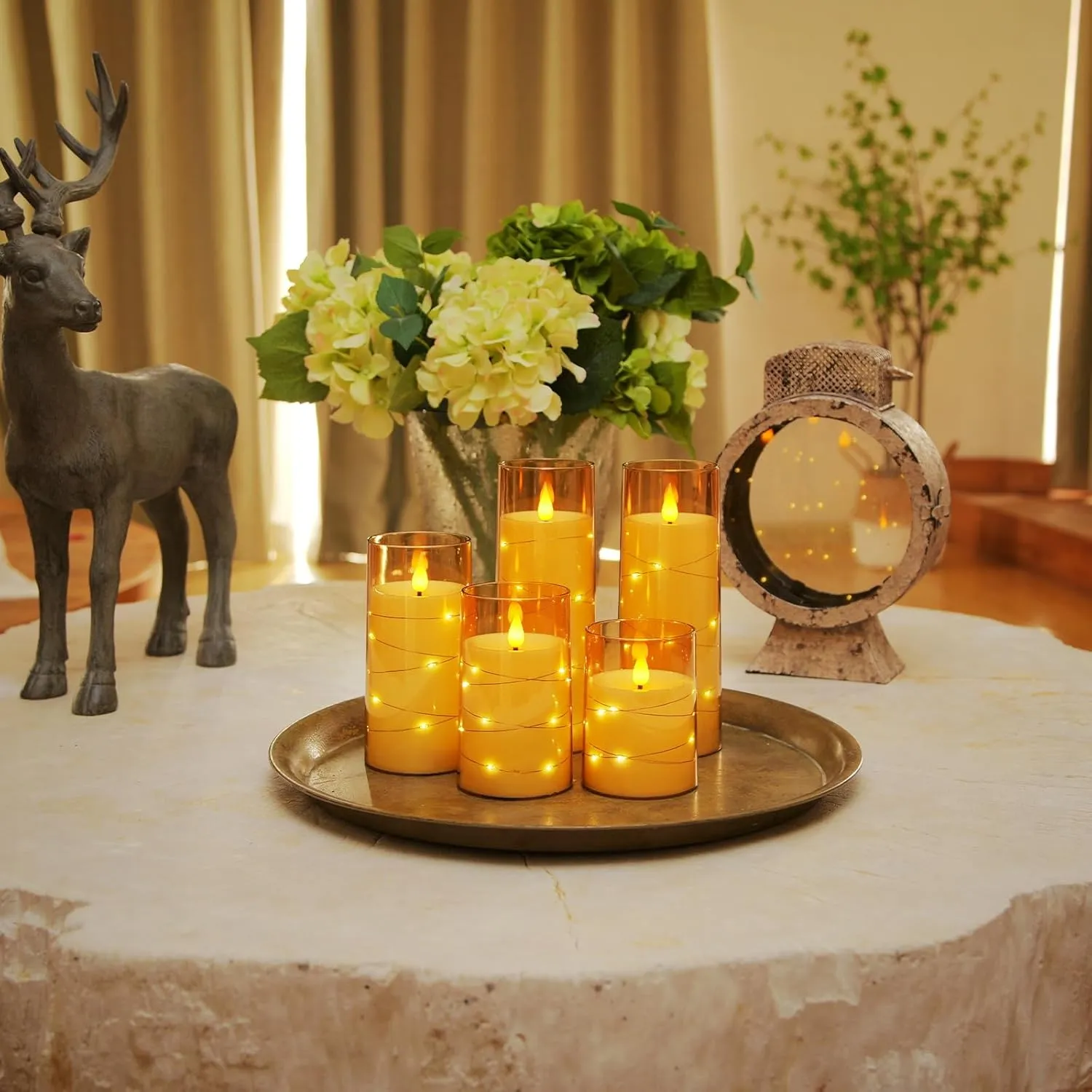 Homemory Acrylic Flameless Candles with Embedded Star String Fairy Lights, Battery Operated Candle, LED Candles, Fake Candles with Remote Control and Timer, Amber, Set of 5(H4 5" 6" 8" 8")