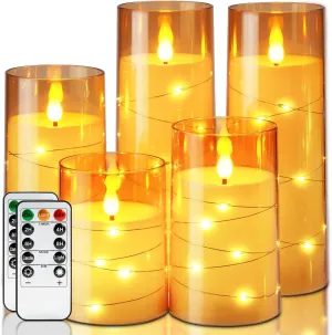 Homemory Acrylic Flameless Candles with Embedded Star String Fairy Lights, Battery Operated Candle, LED Candles, Fake Candles with Remote Control and Timer, Amber, Set of 5(H4 5" 6" 8" 8")