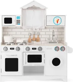HONEY JOY Kids Kitchen Playset, 31 Inch Rooftop Wooden Play Kitchen for Toddlers, Microwave, Clock, Washing Machine, Cookware, Little Chef Pretend Play Toy Kitchen Set, Gift for Boys Girls, White
