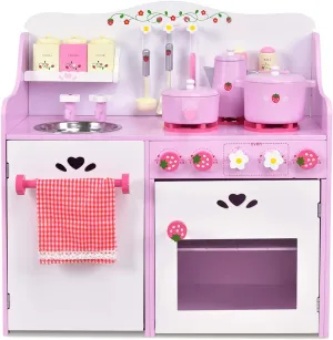 HONEY JOY Pink Kids Kitchen Playset, Wooden Pretend Play Kitchen for Toddlers, 13 Pcs Cookware Utensils, Faucet, Stove, Storage Cabinet, Little Chef Toy Kitchen Set, Gift for Boys Girls 3 , Pink