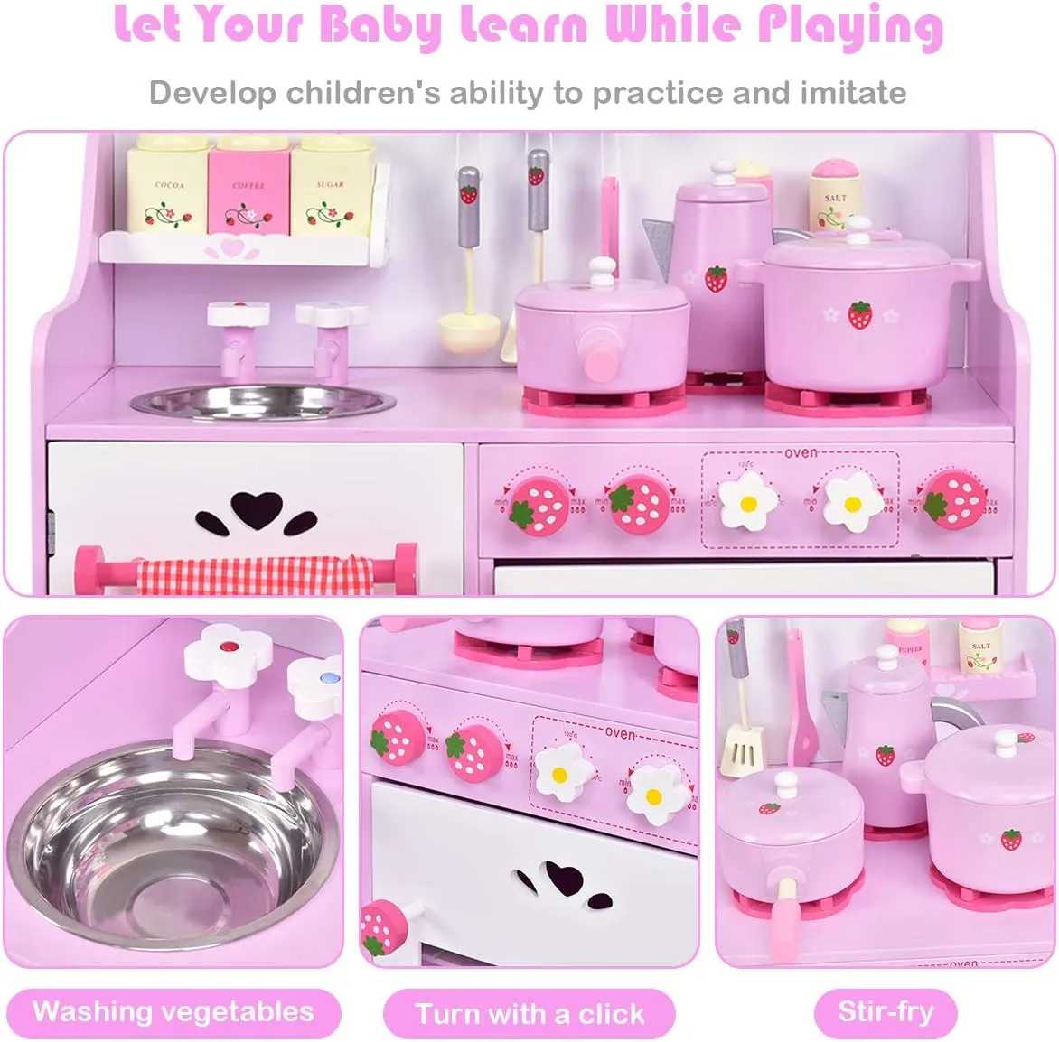 HONEY JOY Pink Kids Kitchen Playset, Wooden Pretend Play Kitchen for Toddlers, 13 Pcs Cookware Utensils, Faucet, Stove, Storage Cabinet, Little Chef Toy Kitchen Set, Gift for Boys Girls 3 , Pink
