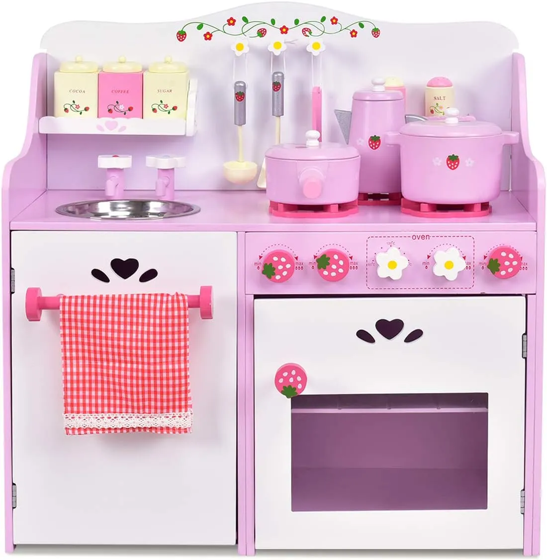 HONEY JOY Pink Kids Kitchen Playset, Wooden Pretend Play Kitchen for Toddlers, 13 Pcs Cookware Utensils, Faucet, Stove, Storage Cabinet, Little Chef Toy Kitchen Set, Gift for Boys Girls 3 , Pink