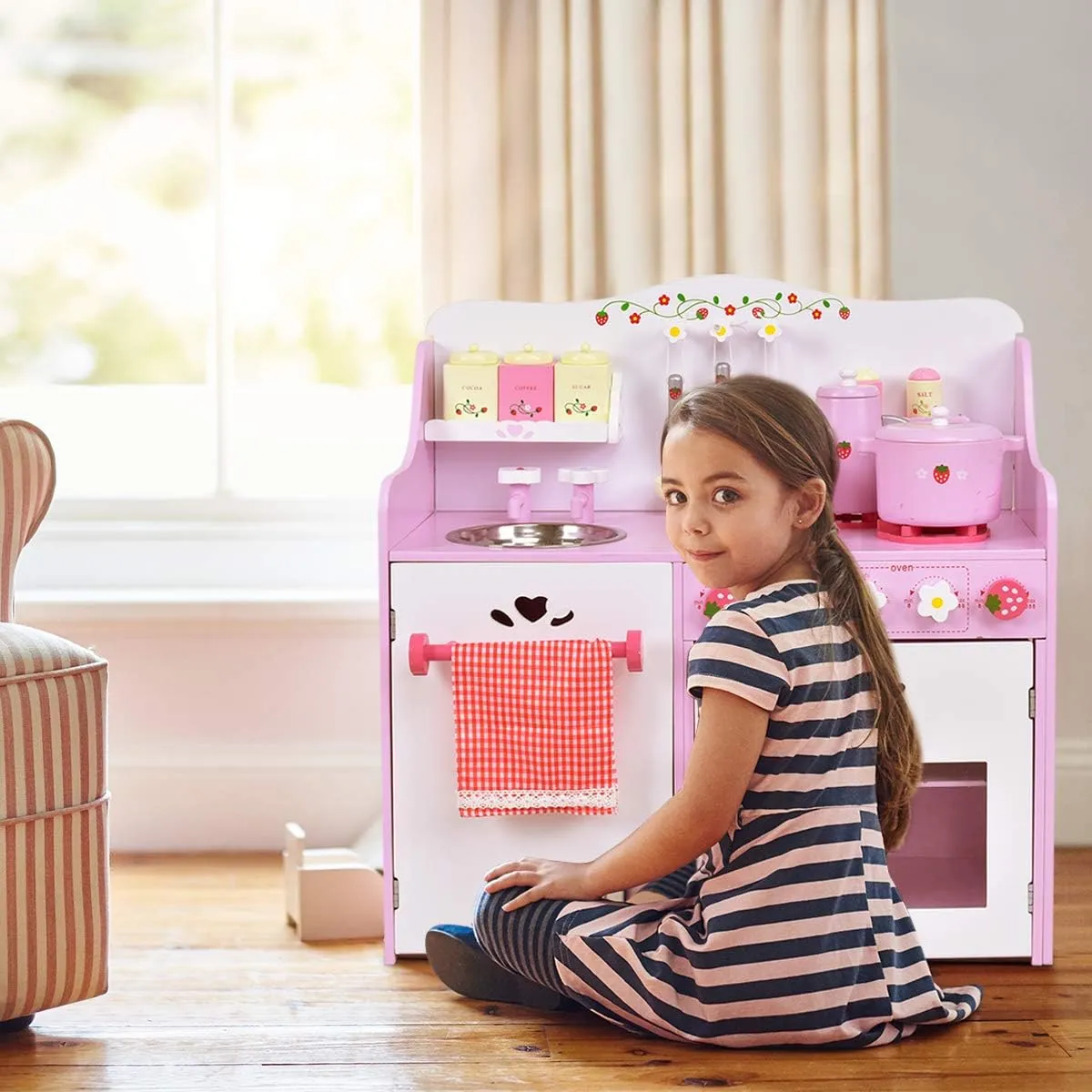 HONEY JOY Pink Kids Kitchen Playset, Wooden Pretend Play Kitchen for Toddlers, 13 Pcs Cookware Utensils, Faucet, Stove, Storage Cabinet, Little Chef Toy Kitchen Set, Gift for Boys Girls 3 , Pink