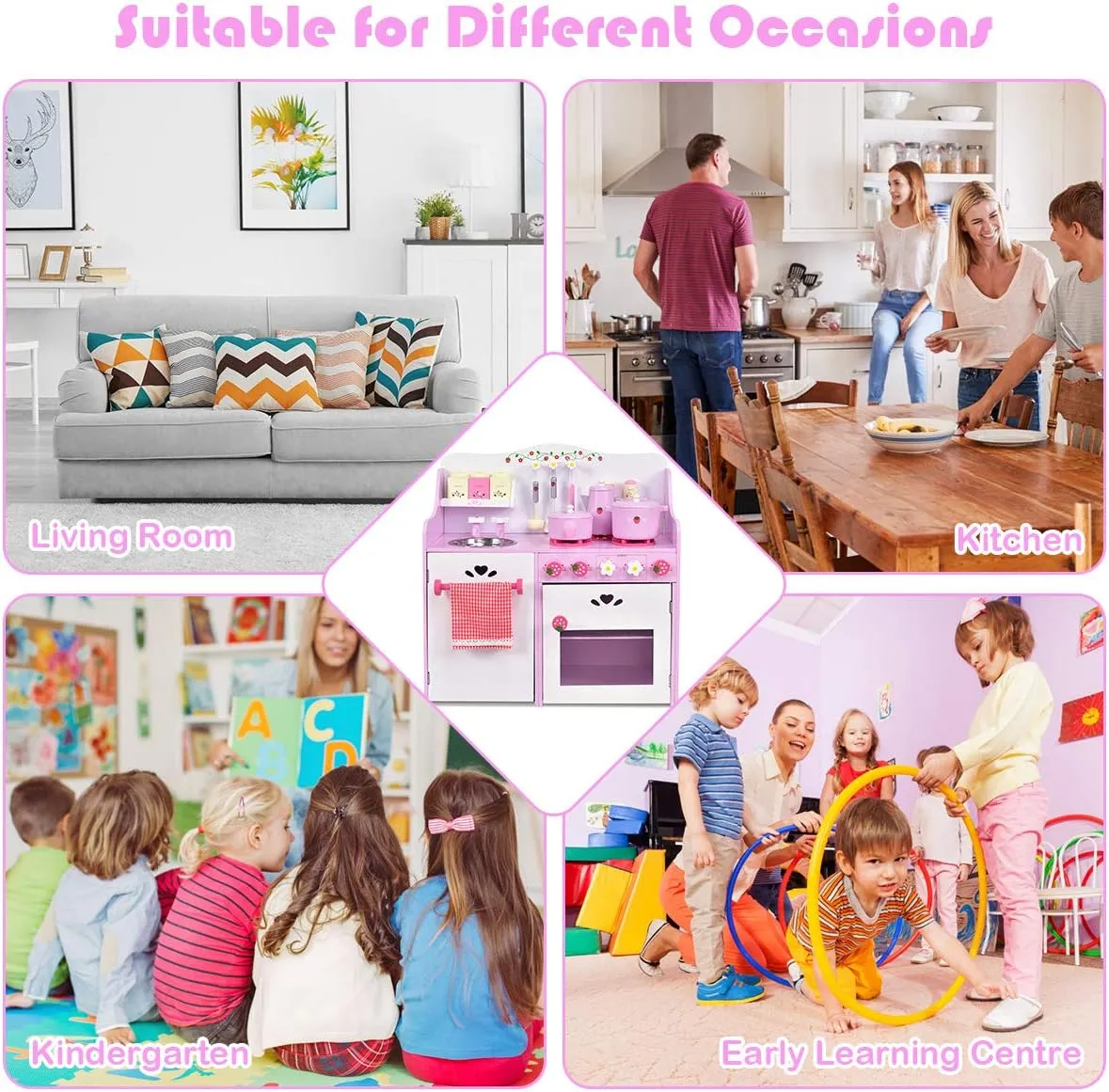HONEY JOY Pink Kids Kitchen Playset, Wooden Pretend Play Kitchen for Toddlers, 13 Pcs Cookware Utensils, Faucet, Stove, Storage Cabinet, Little Chef Toy Kitchen Set, Gift for Boys Girls 3 , Pink