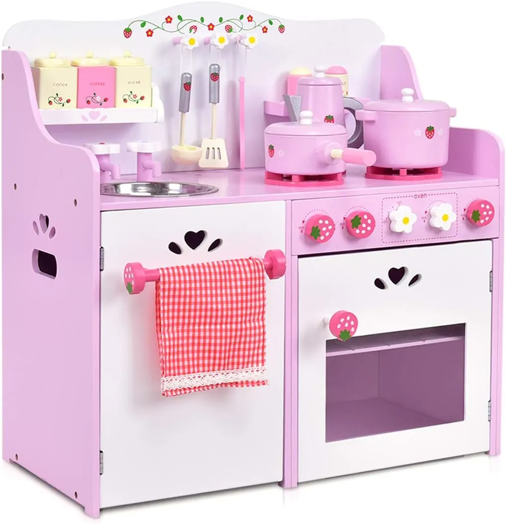 HONEY JOY Pink Kids Kitchen Playset, Wooden Pretend Play Kitchen for Toddlers, 13 Pcs Cookware Utensils, Faucet, Stove, Storage Cabinet, Little Chef Toy Kitchen Set, Gift for Boys Girls 3 , Pink