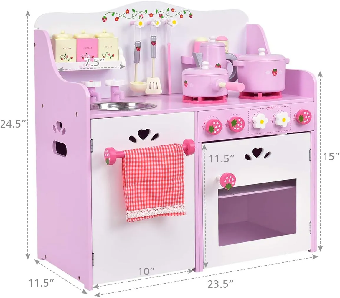 HONEY JOY Pink Kids Kitchen Playset, Wooden Pretend Play Kitchen for Toddlers, 13 Pcs Cookware Utensils, Faucet, Stove, Storage Cabinet, Little Chef Toy Kitchen Set, Gift for Boys Girls 3 , Pink