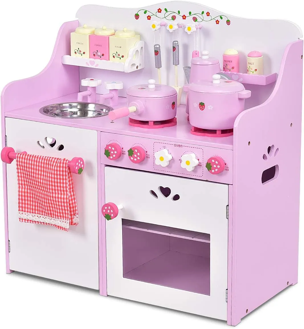 HONEY JOY Pink Kids Kitchen Playset, Wooden Pretend Play Kitchen for Toddlers, 13 Pcs Cookware Utensils, Faucet, Stove, Storage Cabinet, Little Chef Toy Kitchen Set, Gift for Boys Girls 3 , Pink