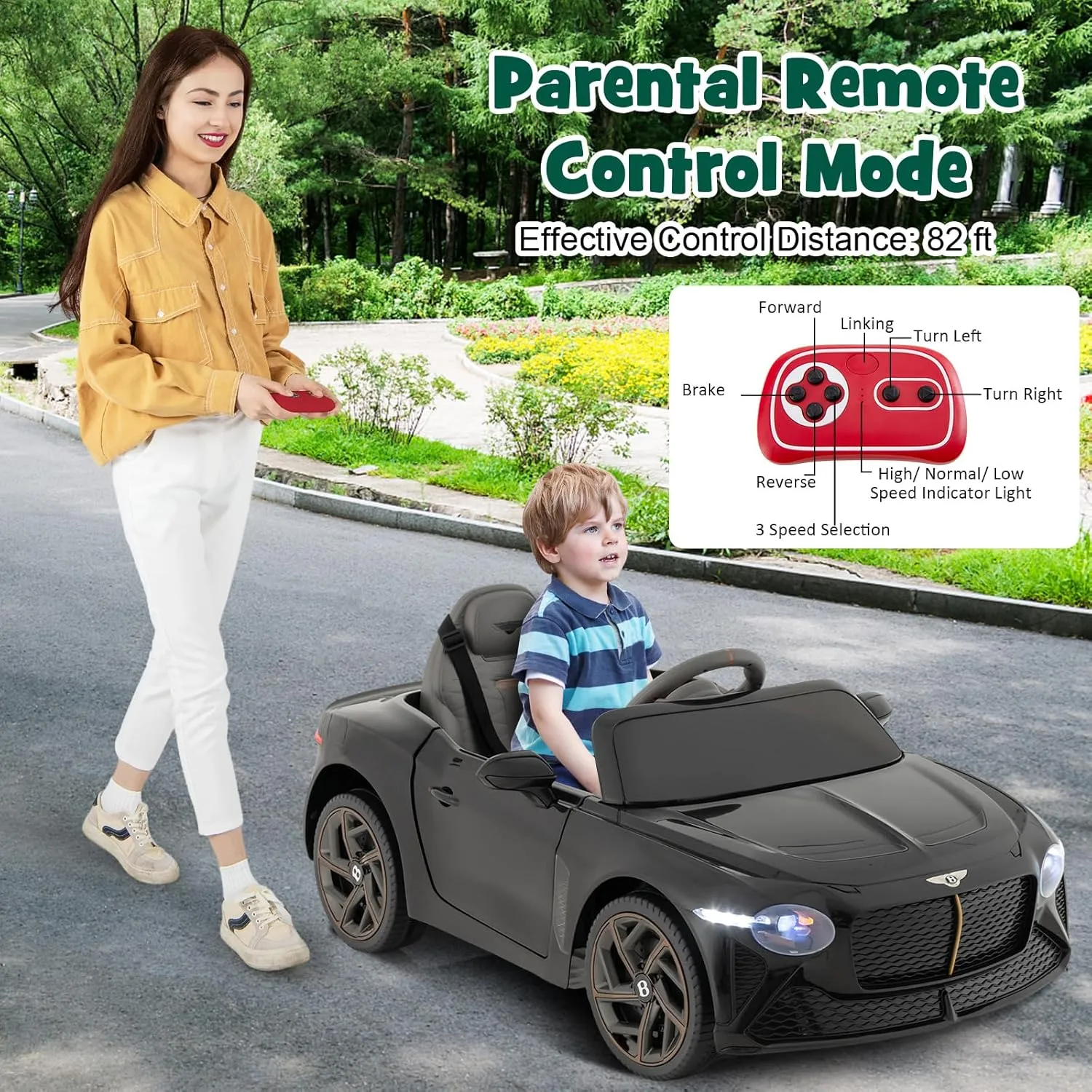 HONEY JOY Ride On Car, 12V Licensed Bentley Electric Vehicle for Kids, Spring Suspension, LED Lights, Horn, High/Low Speed, Battery Powered Ride On Toy Car w/Remote Control (Black)
