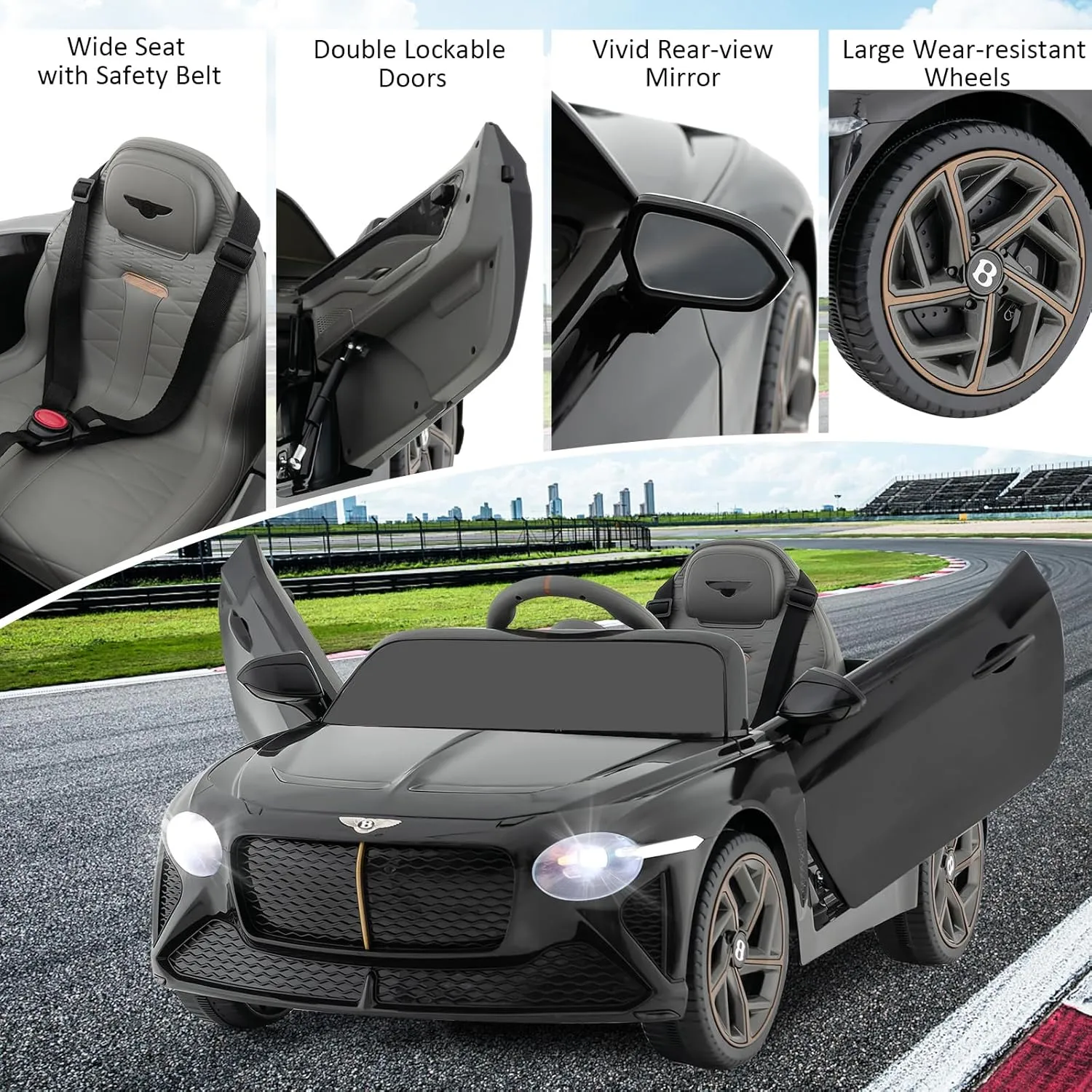 HONEY JOY Ride On Car, 12V Licensed Bentley Electric Vehicle for Kids, Spring Suspension, LED Lights, Horn, High/Low Speed, Battery Powered Ride On Toy Car w/Remote Control (Black)