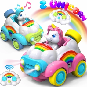HopeRock Unicorn Toys Remote Control Cars,Toys for Ages 2-4,Gifts for 2 Year Old Girls 2 Pack with LED Lights,Music,and Sound,Birthday Gift for 2 3 4 5 6 Year Old Girls(Blue and Pink)