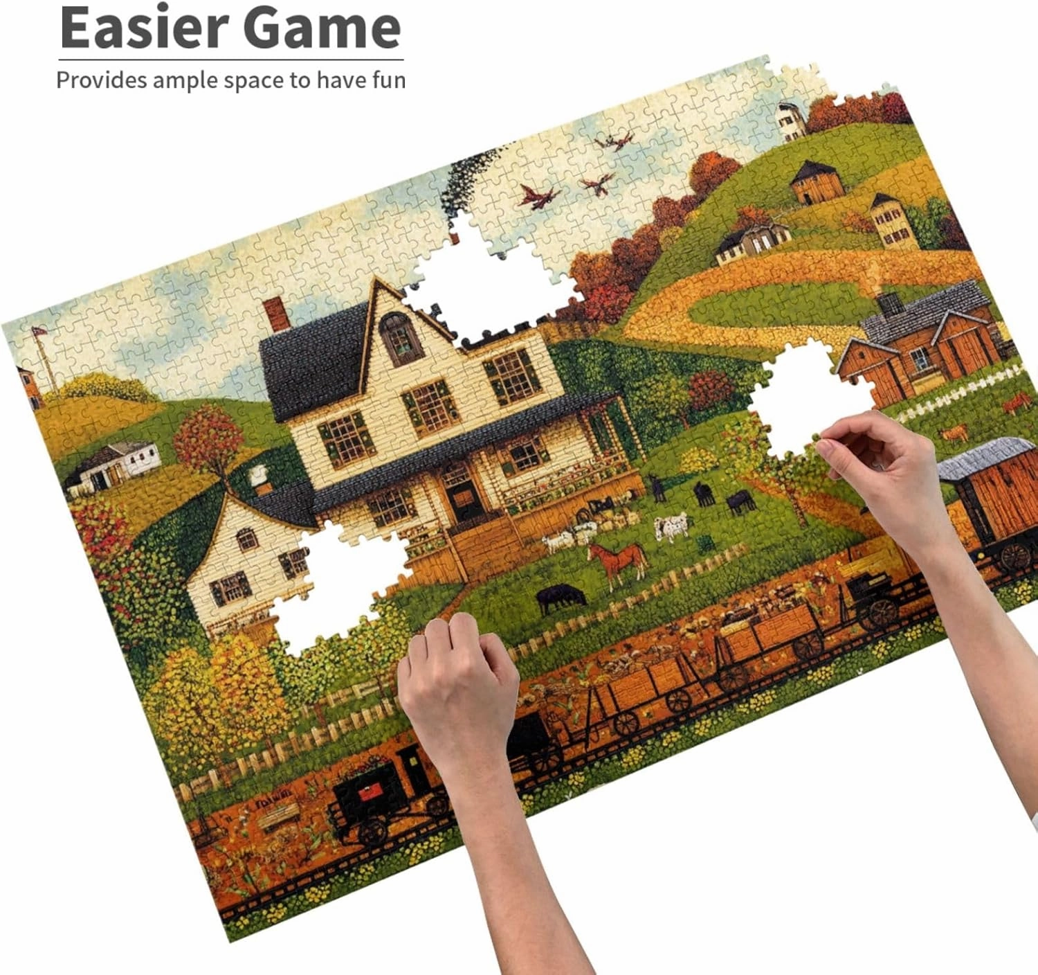 Houses and Trains 1000 pcs Adult Wooden Jigsaw Puzzle,Fields,Classic Countryside Charm,Unique Adults Artworks,Exercise Brain Power,Ideal for Hands-on abilit，Gifts for Family