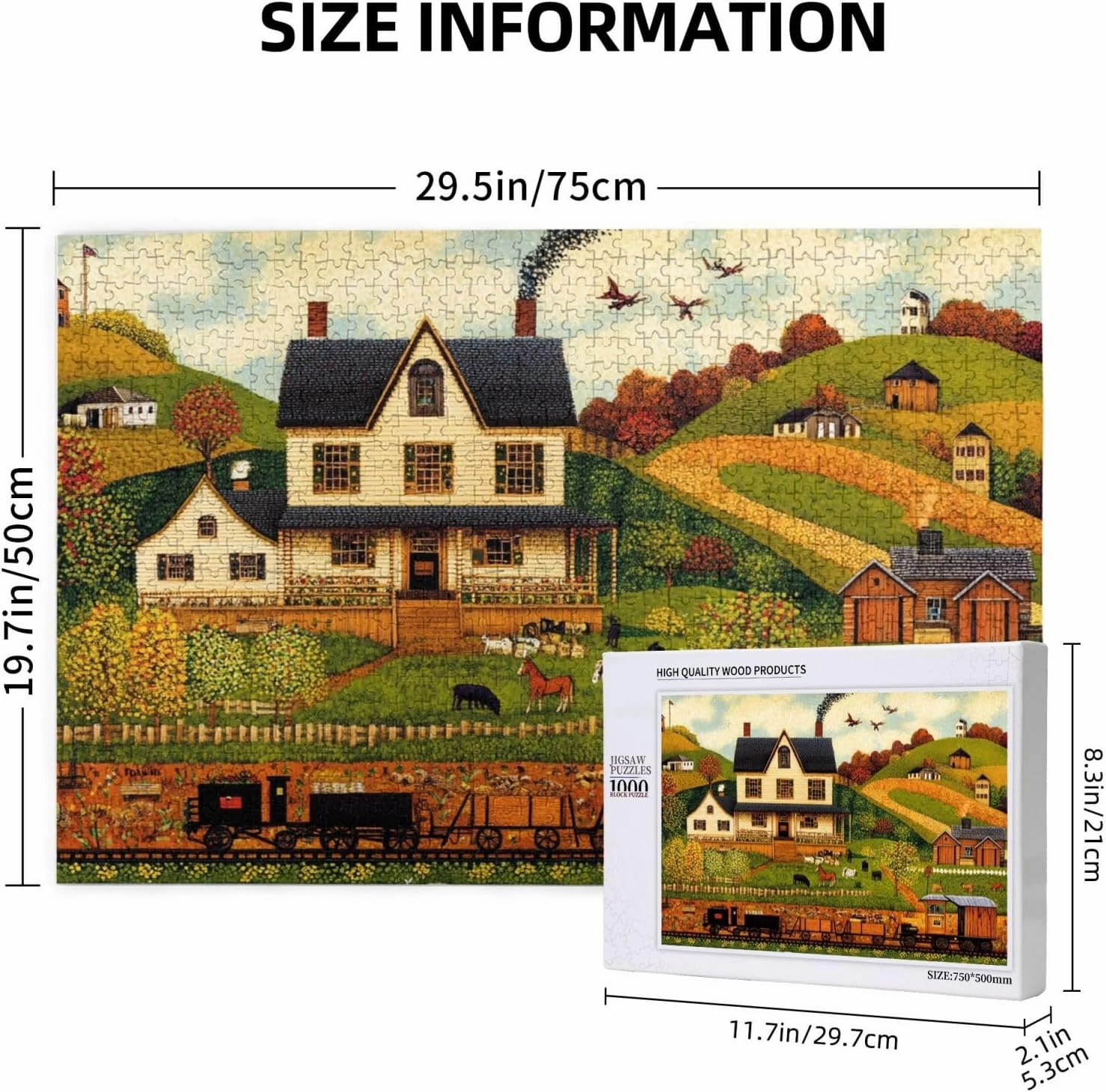 Houses and Trains 1000 pcs Adult Wooden Jigsaw Puzzle,Fields,Classic Countryside Charm,Unique Adults Artworks,Exercise Brain Power,Ideal for Hands-on abilit，Gifts for Family