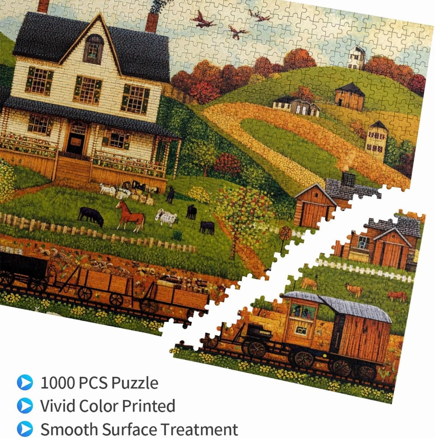 Houses and Trains 1000 pcs Adult Wooden Jigsaw Puzzle,Fields,Classic Countryside Charm,Unique Adults Artworks,Exercise Brain Power,Ideal for Hands-on abilit，Gifts for Family