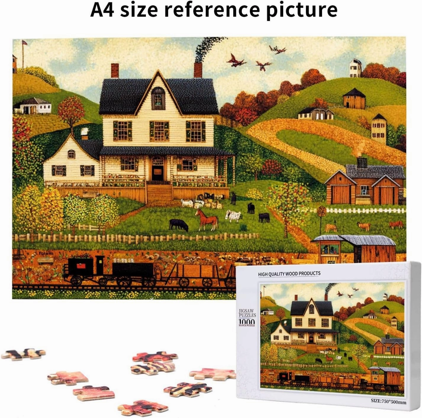 Houses and Trains 1000 pcs Adult Wooden Jigsaw Puzzle,Fields,Classic Countryside Charm,Unique Adults Artworks,Exercise Brain Power,Ideal for Hands-on abilit，Gifts for Family