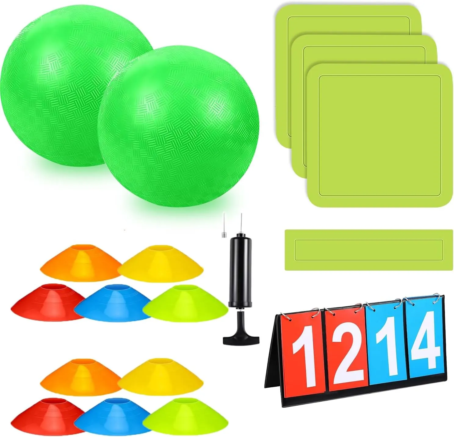 Huaerle 19 Pcs Sports Kickball Set Includes 2 Playground Ball with Air Pump 5 Rubber Throw Down Bases 10 Foul Line Cones and a Flip Scoreboard for Boys Girls Adults Playground School Backyard
