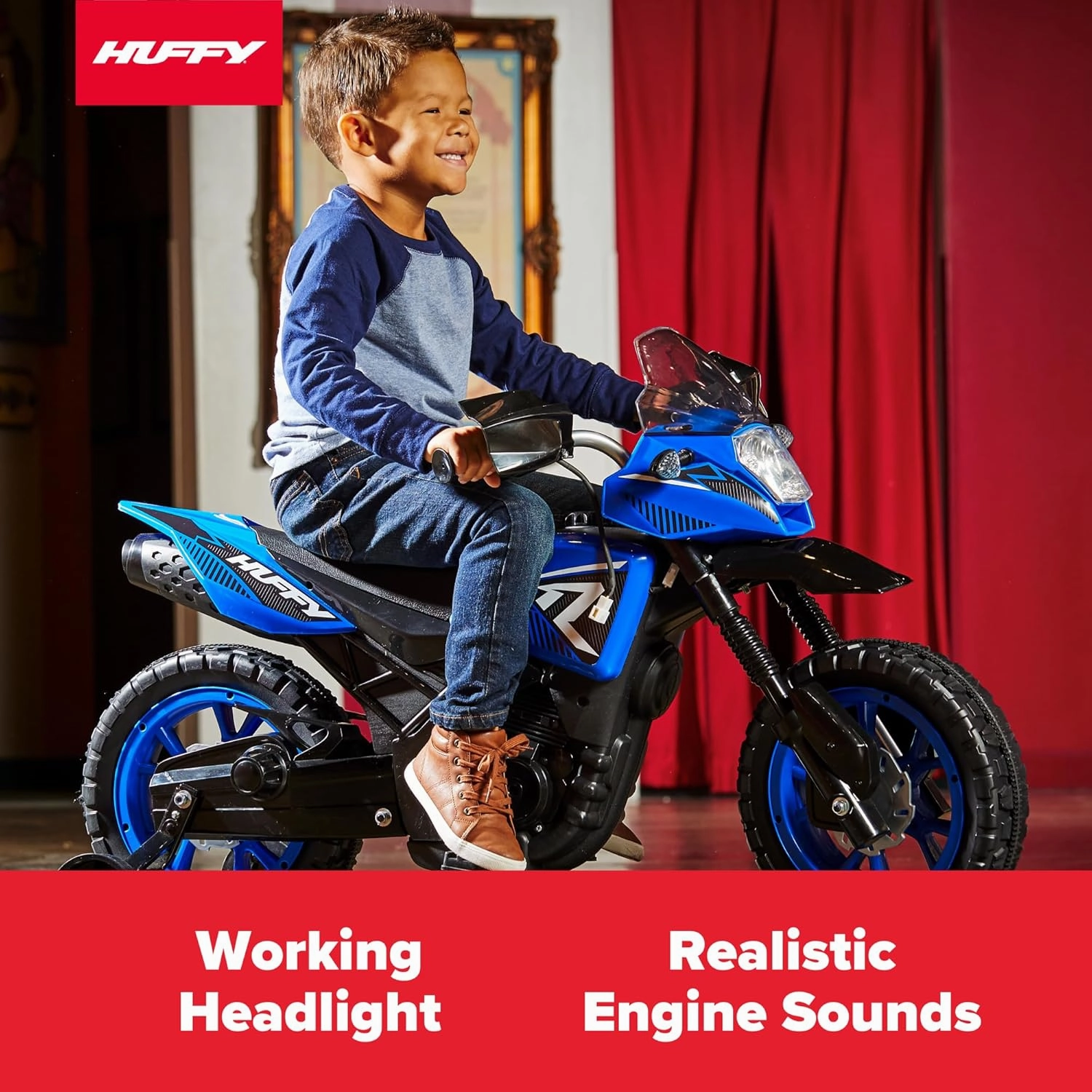 Huffy Ride On Motorcycle for Kids, Ideal for Ages 2-5 Years, 6V Rechargeable Battery, Training Wheels, Realistic Engine Sounds, Max Weight 65lbs, 2 MPH, Blue