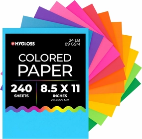 Hygloss Assorted Bright Colored Paper - 24 lb, 89 GSM, Acid-Free, Fade-Resistant, 8.5x11-Inch Letter Size Color Copy Paper, 240 Sheets, 12 Colors