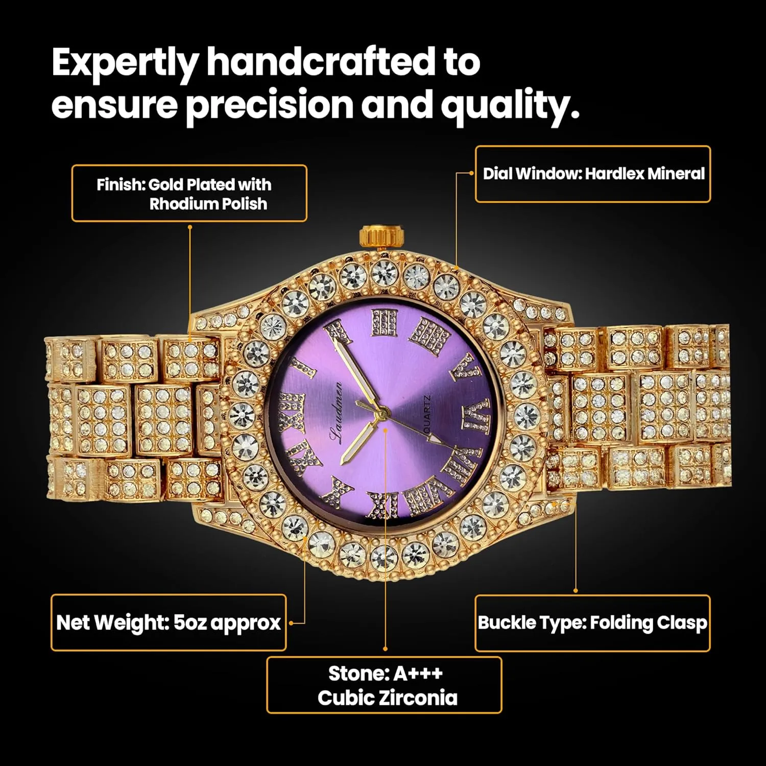 Iced Out 44MM Colorful Dial Gold Plated Big Diamond Roman Numeral Watch, Full Icy Cuban Link 18 Inch Necklace Chain, Bracelet Luxury Bling Gift Set