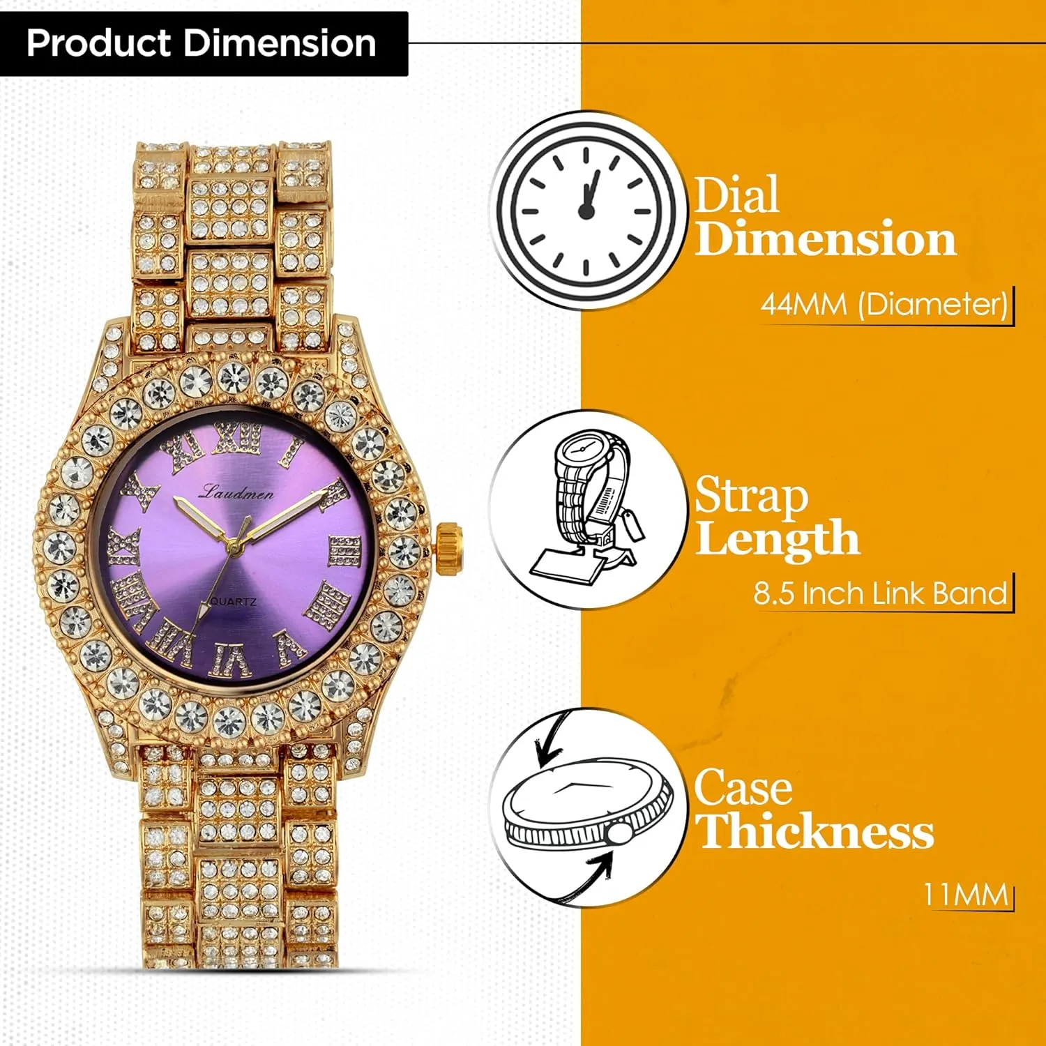 Iced Out 44MM Colorful Dial Gold Plated Big Diamond Roman Numeral Watch, Full Icy Cuban Link 18 Inch Necklace Chain, Bracelet Luxury Bling Gift Set