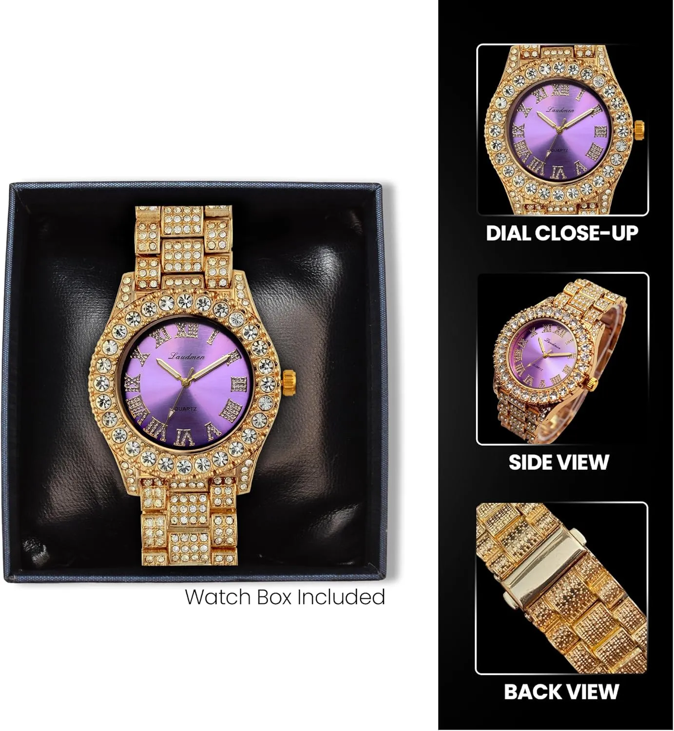 Iced Out 44MM Colorful Dial Gold Plated Big Diamond Roman Numeral Watch, Full Icy Cuban Link 18 Inch Necklace Chain, Bracelet Luxury Bling Gift Set