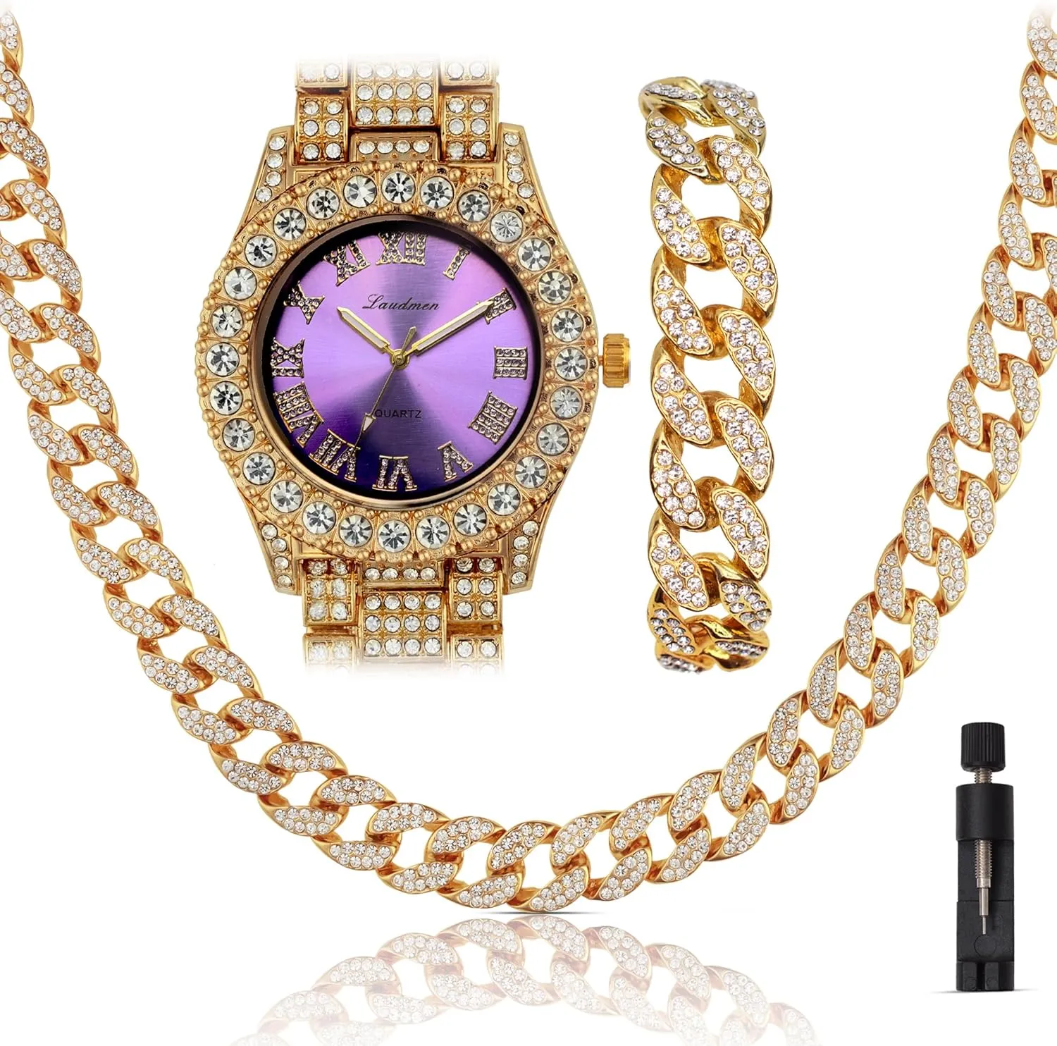 Iced Out 44MM Colorful Dial Gold Plated Big Diamond Roman Numeral Watch, Full Icy Cuban Link 18 Inch Necklace Chain, Bracelet Luxury Bling Gift Set