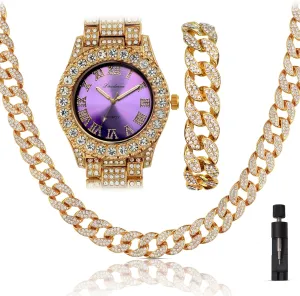 Iced Out 44MM Colorful Dial Gold Plated Big Diamond Roman Numeral Watch, Full Icy Cuban Link 18 Inch Necklace Chain, Bracelet Luxury Bling Gift Set