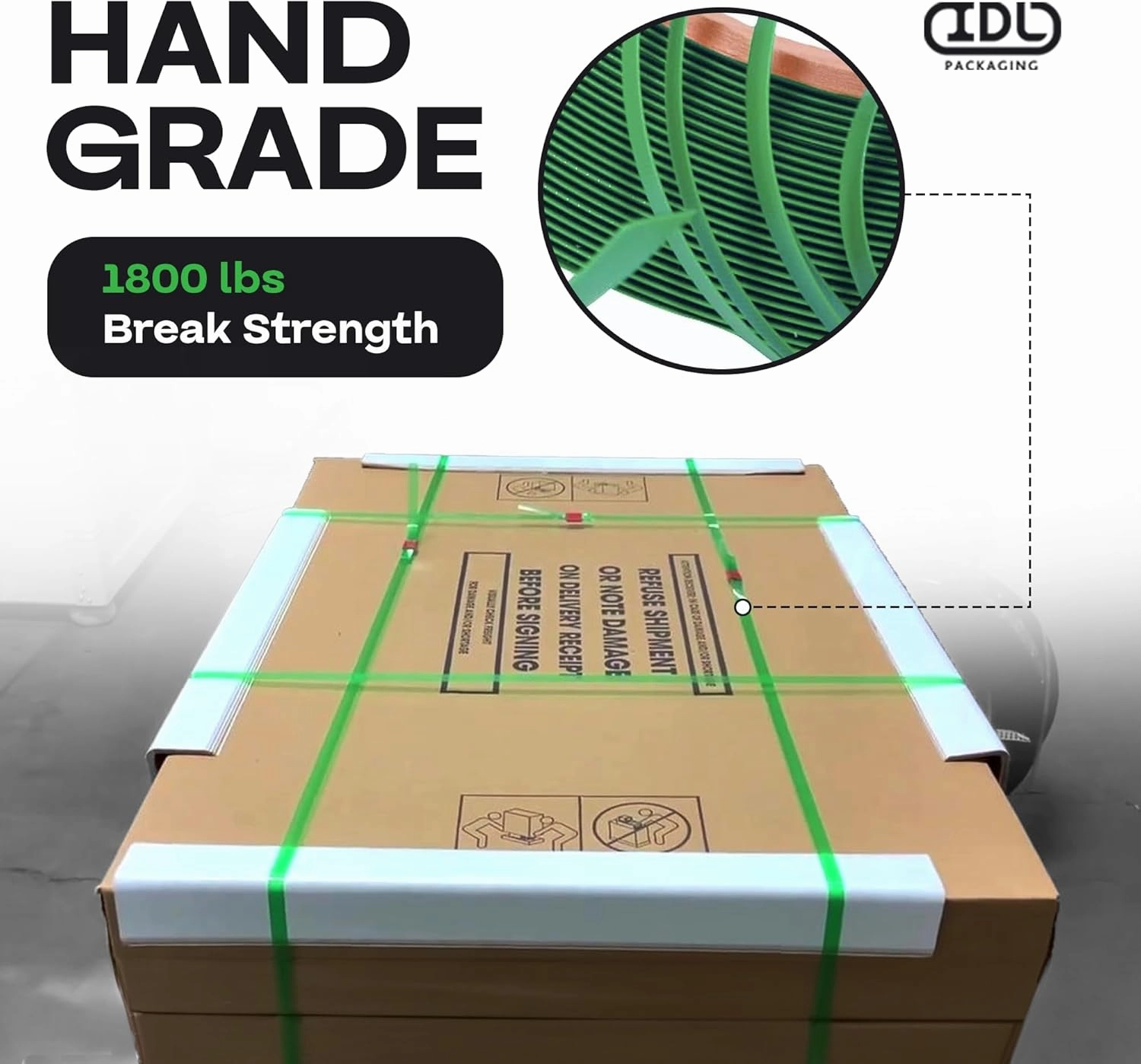IDL Packaging 3/4" x .040" x 3000' Polyester (PET) Strapping Roll of 16" x 6" Core Size, 1800 lbs Break Strength, Green - UV, Water, and Rust Resistance