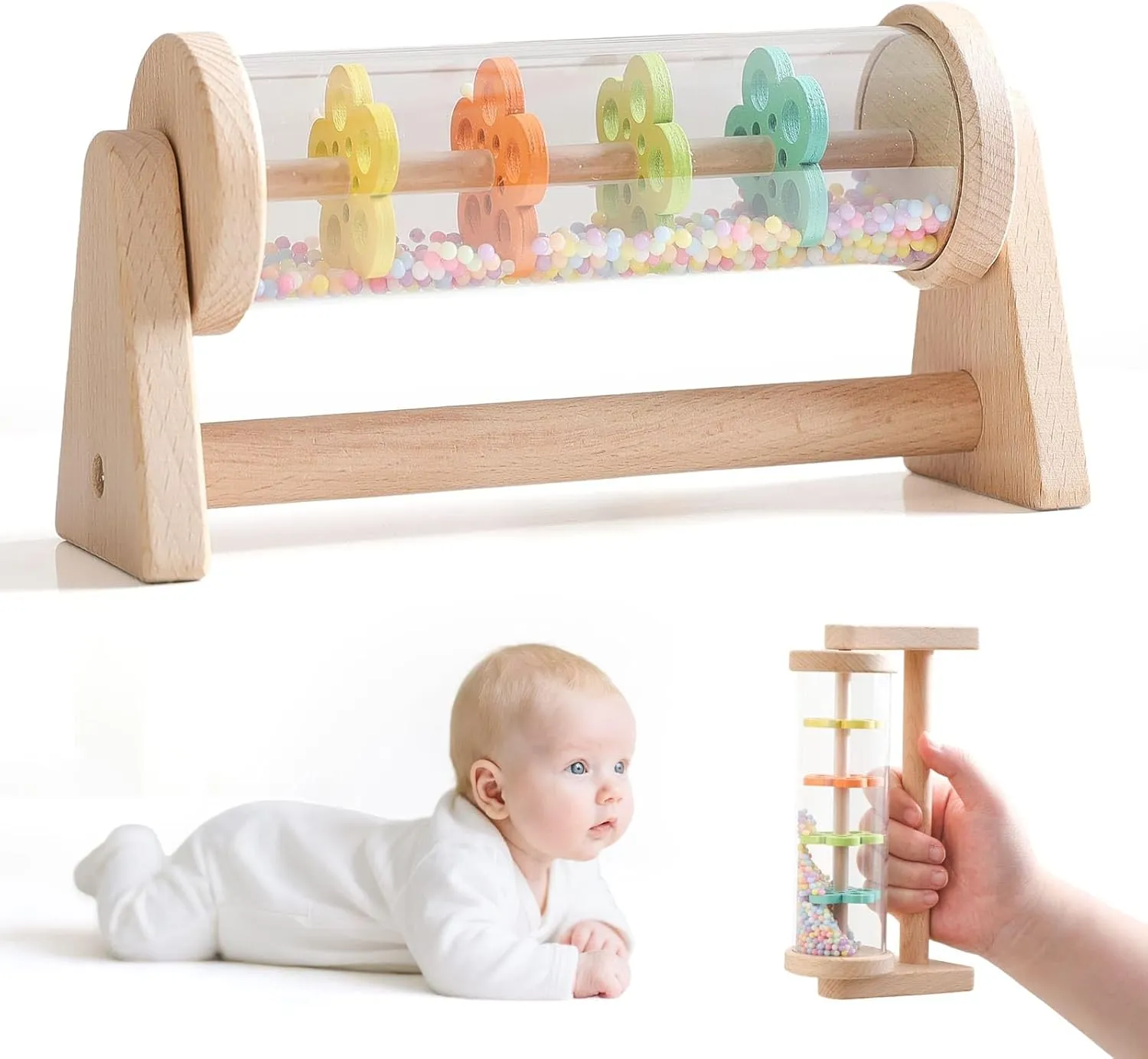IEATFO Rain Stick Toy with Stand - Sensory Sound Training Tool for Kids, Tummy Time Musical Instrument for Infant Development | Rainmaker with Wooden Base, Clear Tube, Colored Flower Discs and Beads