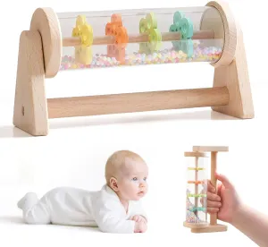 IEATFO Rain Stick Toy with Stand - Sensory Sound Training Tool for Kids, Tummy Time Musical Instrument for Infant Development | Rainmaker with Wooden Base, Clear Tube, Colored Flower Discs and Beads
