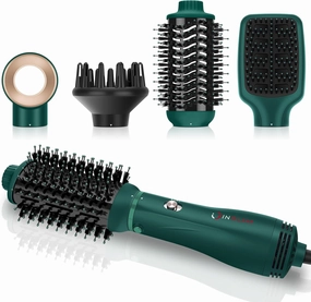IG INGLAM Hair Dryer Brush, 4-in-1 Detachable Blow Dryer Brush, Ionic Diffuser Hair Dryer & Styler Volumizer with Oval Titanium Barrel, One-Step Hot Air Blowout Brush, Updated Push Switch, Dark Green