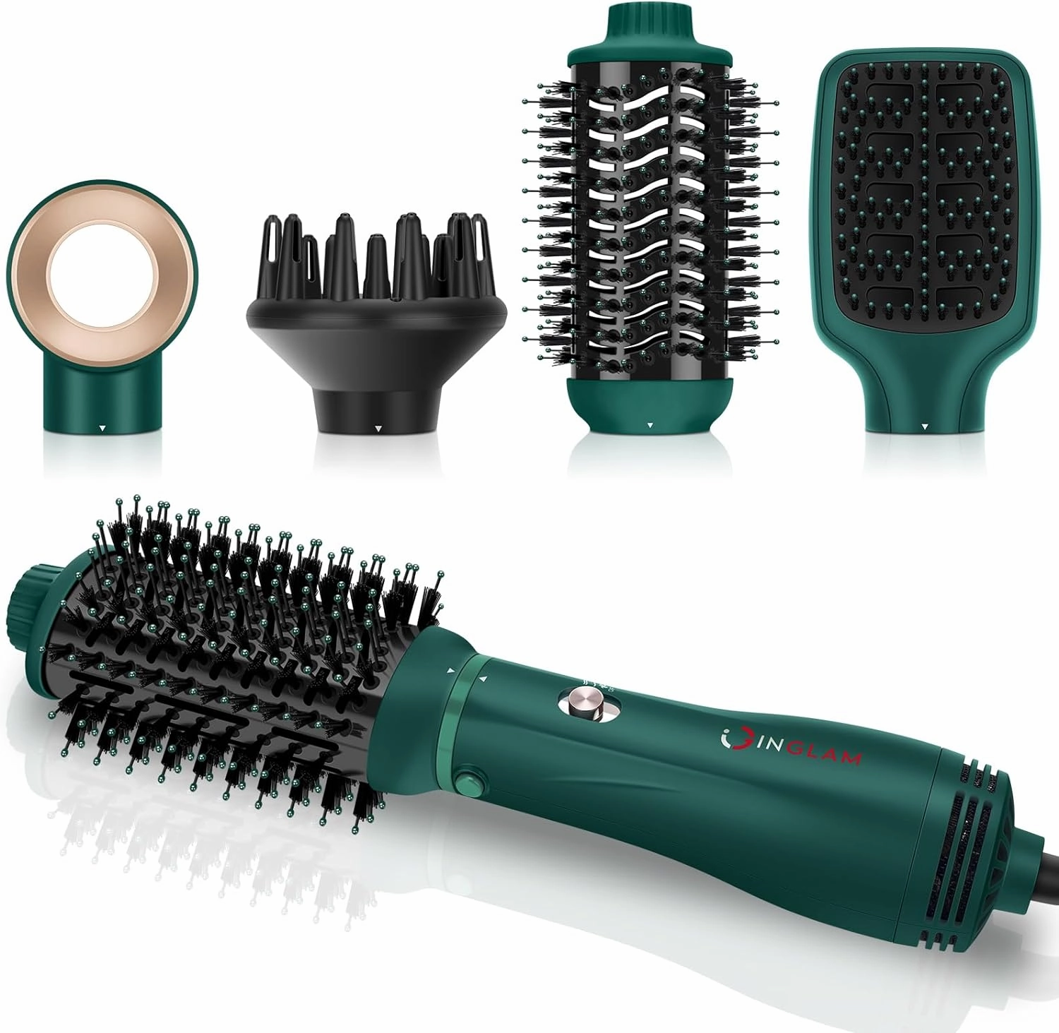 IG INGLAM Hair Dryer Brush, 4-in-1 Detachable Blow Dryer Brush, Ionic Diffuser Hair Dryer & Styler Volumizer with Oval Titanium Barrel, One-Step Hot Air Blowout Brush, Updated Push Switch, Dark Green