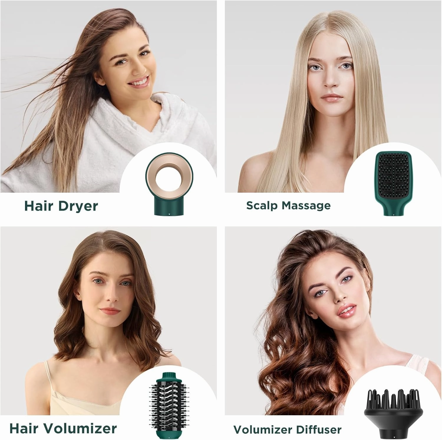 IG INGLAM Hair Dryer Brush, 4-in-1 Detachable Blow Dryer Brush, Ionic Diffuser Hair Dryer & Styler Volumizer with Oval Titanium Barrel, One-Step Hot Air Blowout Brush, Updated Push Switch, Dark Green