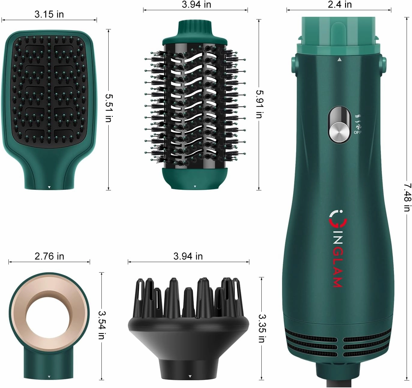 IG INGLAM Hair Dryer Brush, 4-in-1 Detachable Blow Dryer Brush, Ionic Diffuser Hair Dryer & Styler Volumizer with Oval Titanium Barrel, One-Step Hot Air Blowout Brush, Updated Push Switch, Dark Green