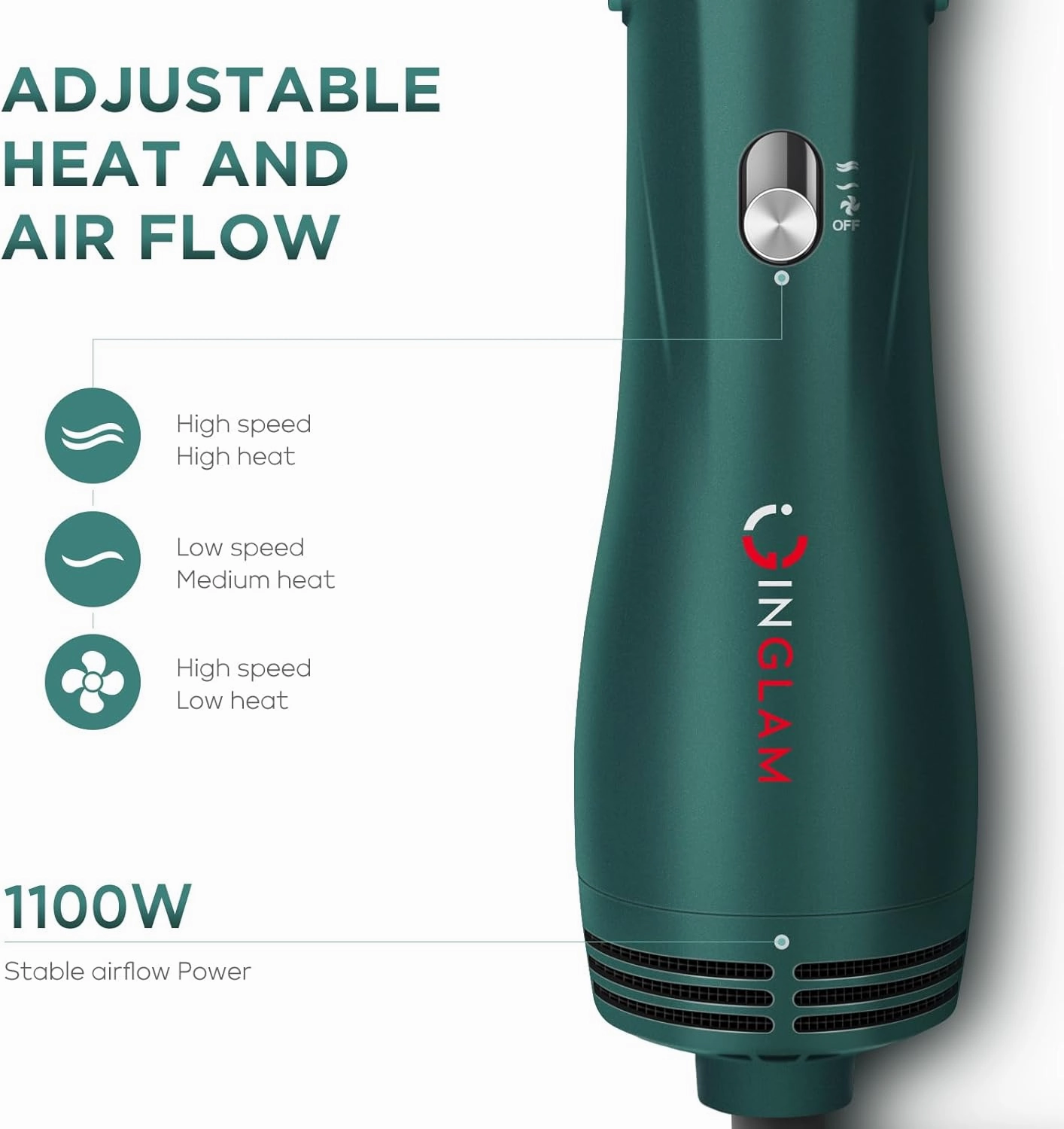 IG INGLAM Hair Dryer Brush, 4-in-1 Detachable Blow Dryer Brush, Ionic Diffuser Hair Dryer & Styler Volumizer with Oval Titanium Barrel, One-Step Hot Air Blowout Brush, Updated Push Switch, Dark Green