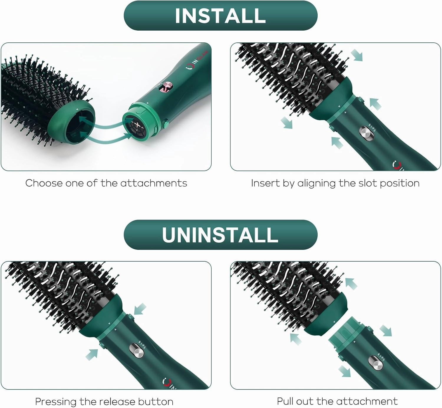 IG INGLAM Hair Dryer Brush, 4-in-1 Detachable Blow Dryer Brush, Ionic Diffuser Hair Dryer & Styler Volumizer with Oval Titanium Barrel, One-Step Hot Air Blowout Brush, Updated Push Switch, Dark Green