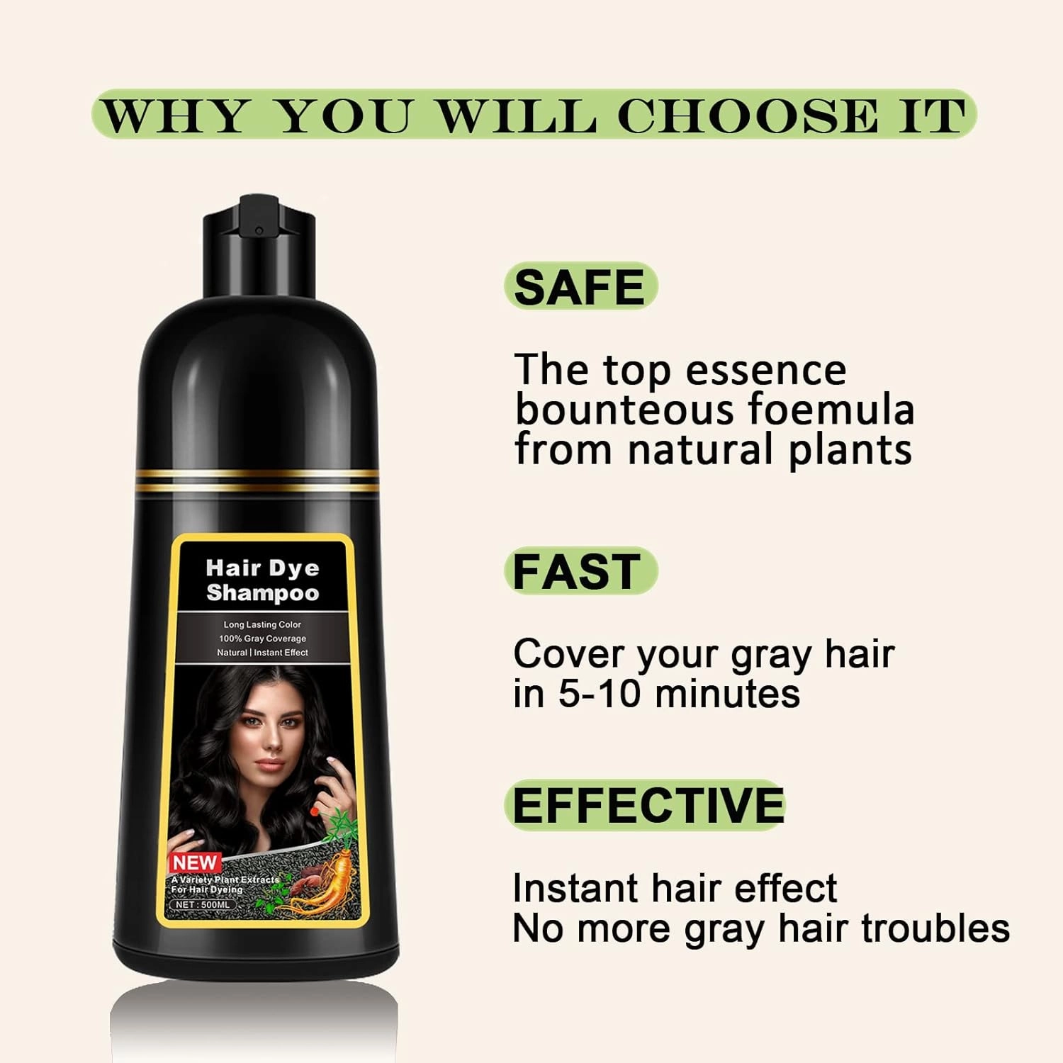 Instant Black Hair Dye Shampoo 3 in 1 for Men Women, Herbal Hair Color Shampoo for Gray Hair Coverage, Natural Champu Para Canas Easy to Use 17.6 FL OZ (Black)