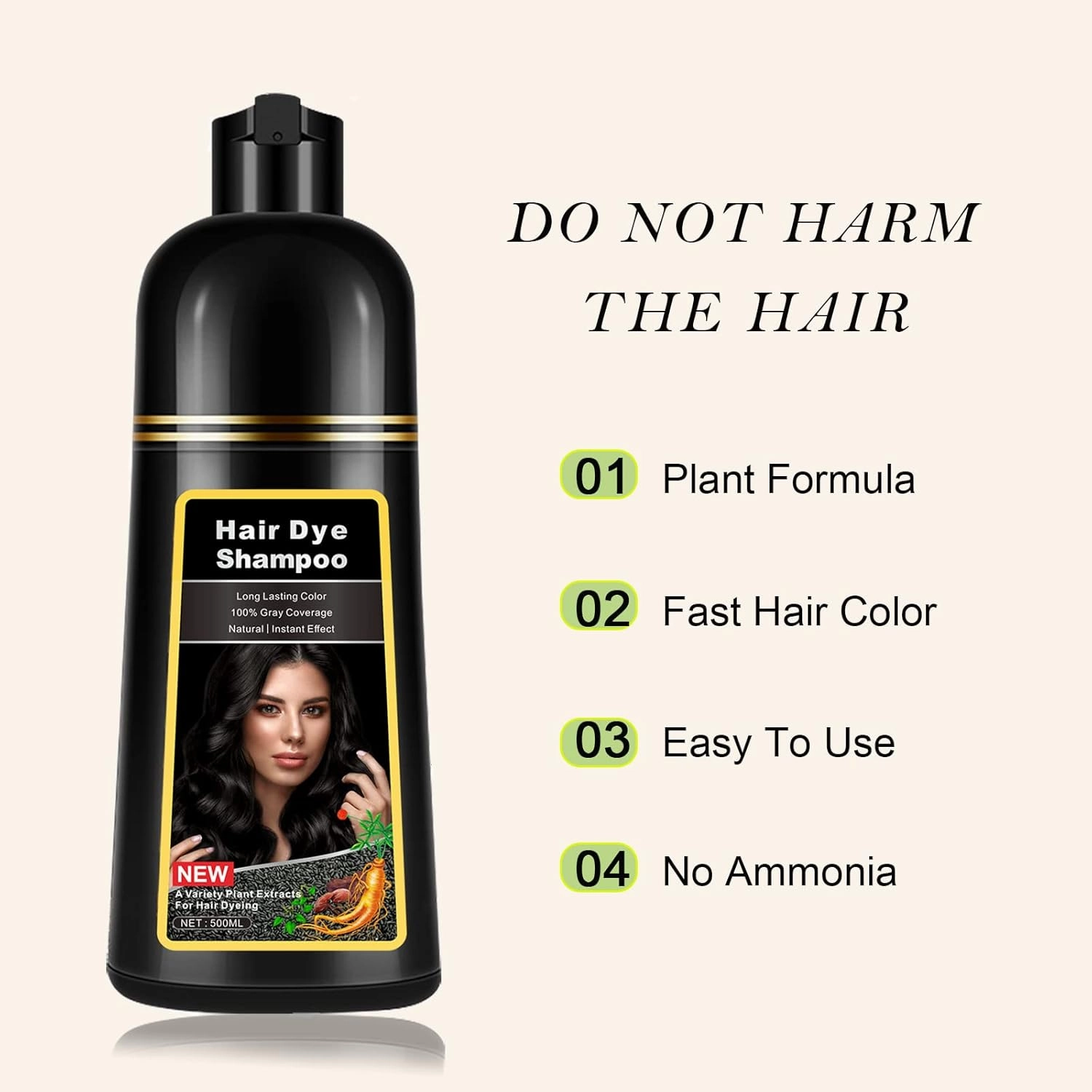 Instant Black Hair Dye Shampoo 3 in 1 for Men Women, Herbal Hair Color Shampoo for Gray Hair Coverage, Natural Champu Para Canas Easy to Use 17.6 FL OZ (Black)