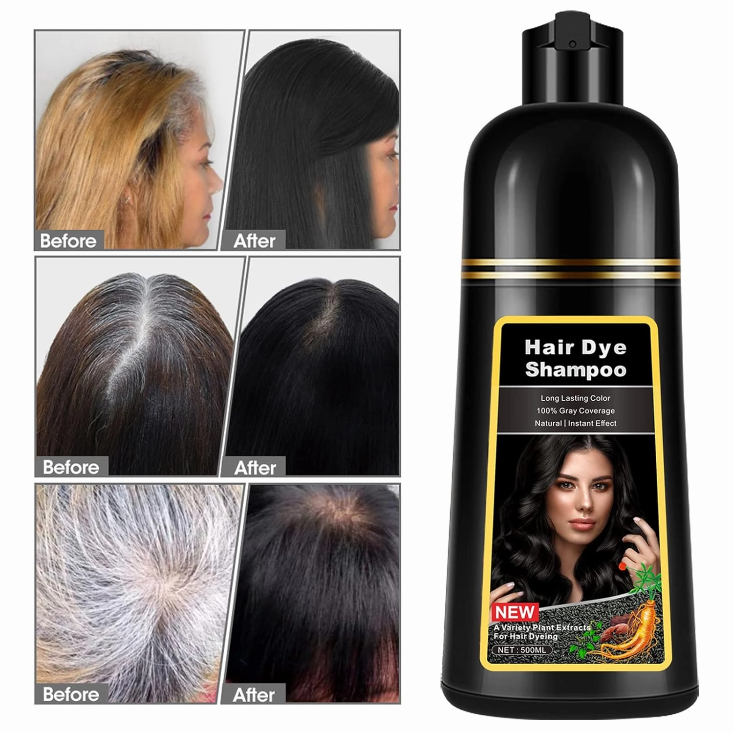 Instant Black Hair Dye Shampoo 3 in 1 for Men Women, Herbal Hair Color Shampoo for Gray Hair Coverage, Natural Champu Para Canas Easy to Use 17.6 FL OZ (Black)