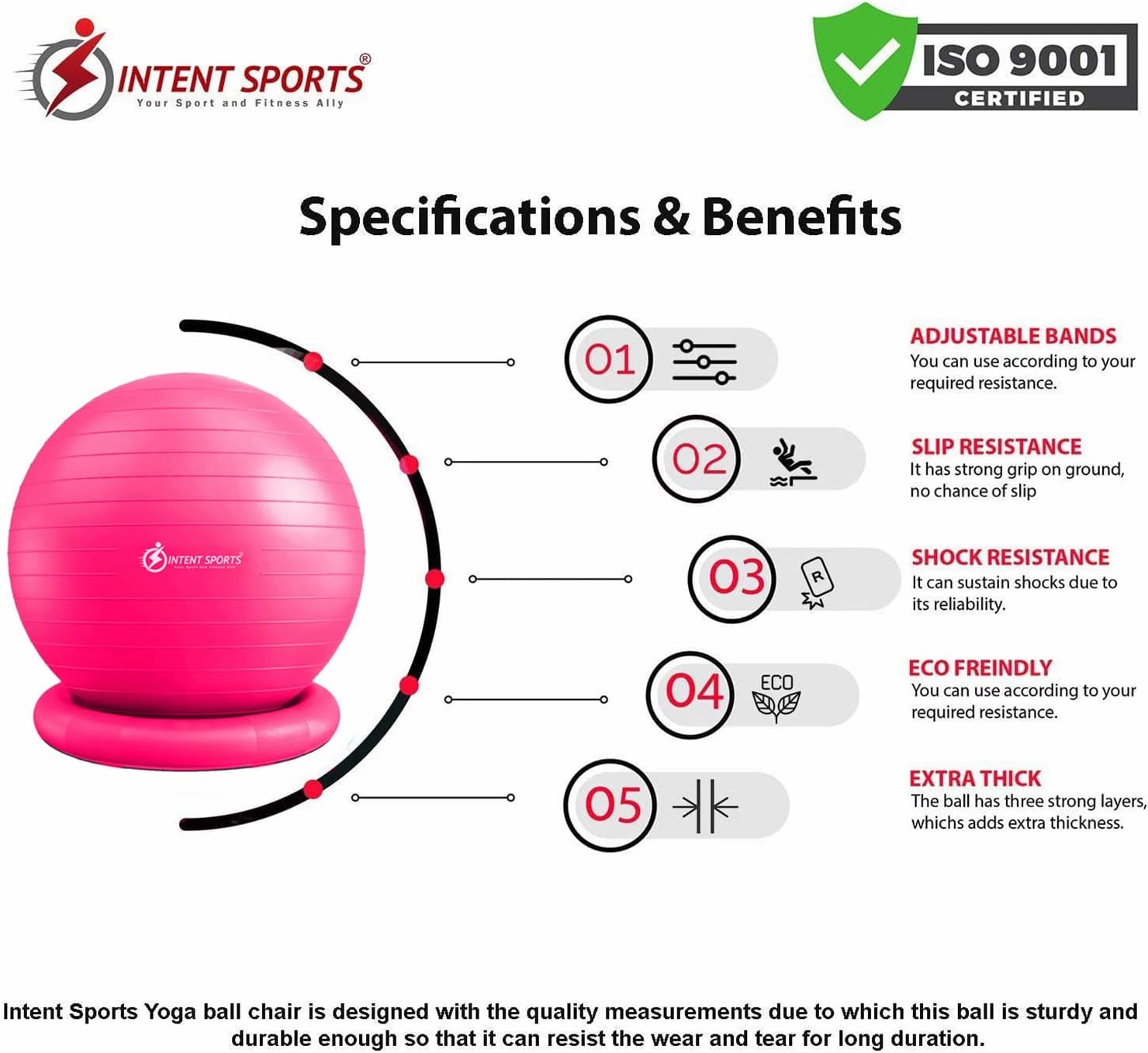 INTENT SPORTS Yoga Ball Chair – Stability Ball with Inflatable Stability Base & Resistance Bands, Fitness Ball for Home Gym, Office, Improves Back Pain, Core, Posture & Balance (65 Cm)