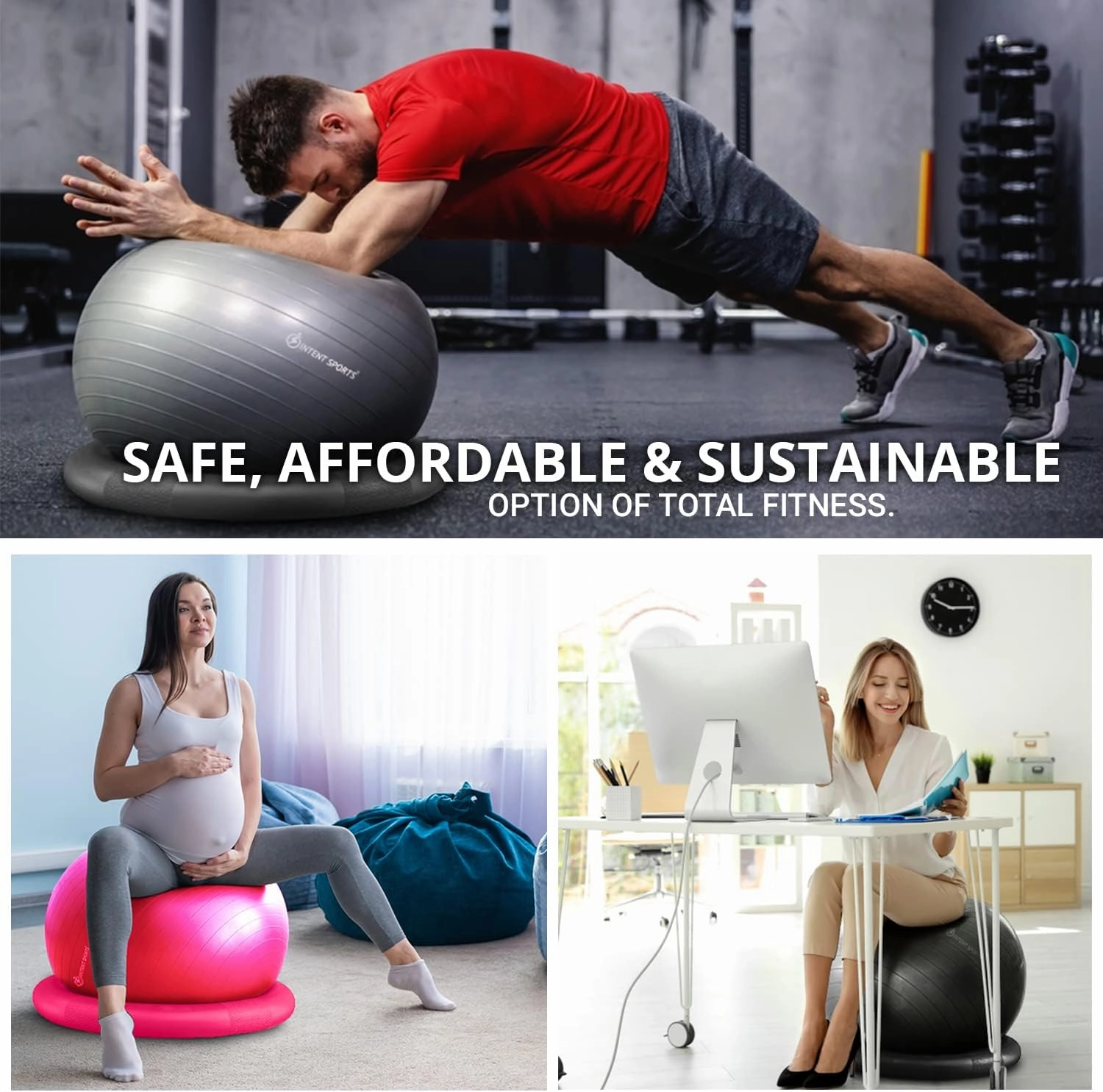 INTENT SPORTS Yoga Ball Chair – Stability Ball with Inflatable Stability Base & Resistance Bands, Fitness Ball for Home Gym, Office, Improves Back Pain, Core, Posture & Balance (65 Cm)