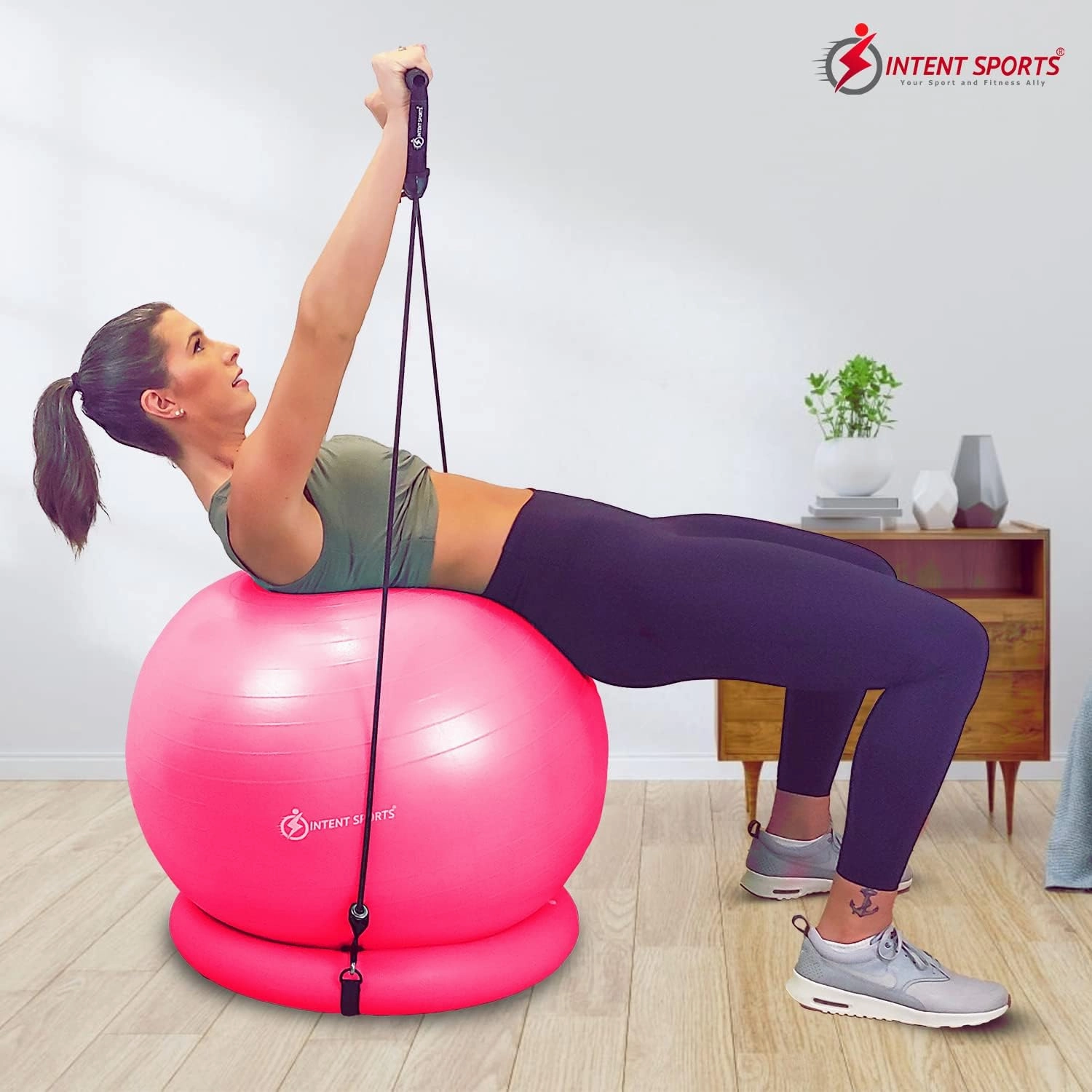 INTENT SPORTS Yoga Ball Chair – Stability Ball with Inflatable Stability Base & Resistance Bands, Fitness Ball for Home Gym, Office, Improves Back Pain, Core, Posture & Balance (65 Cm)