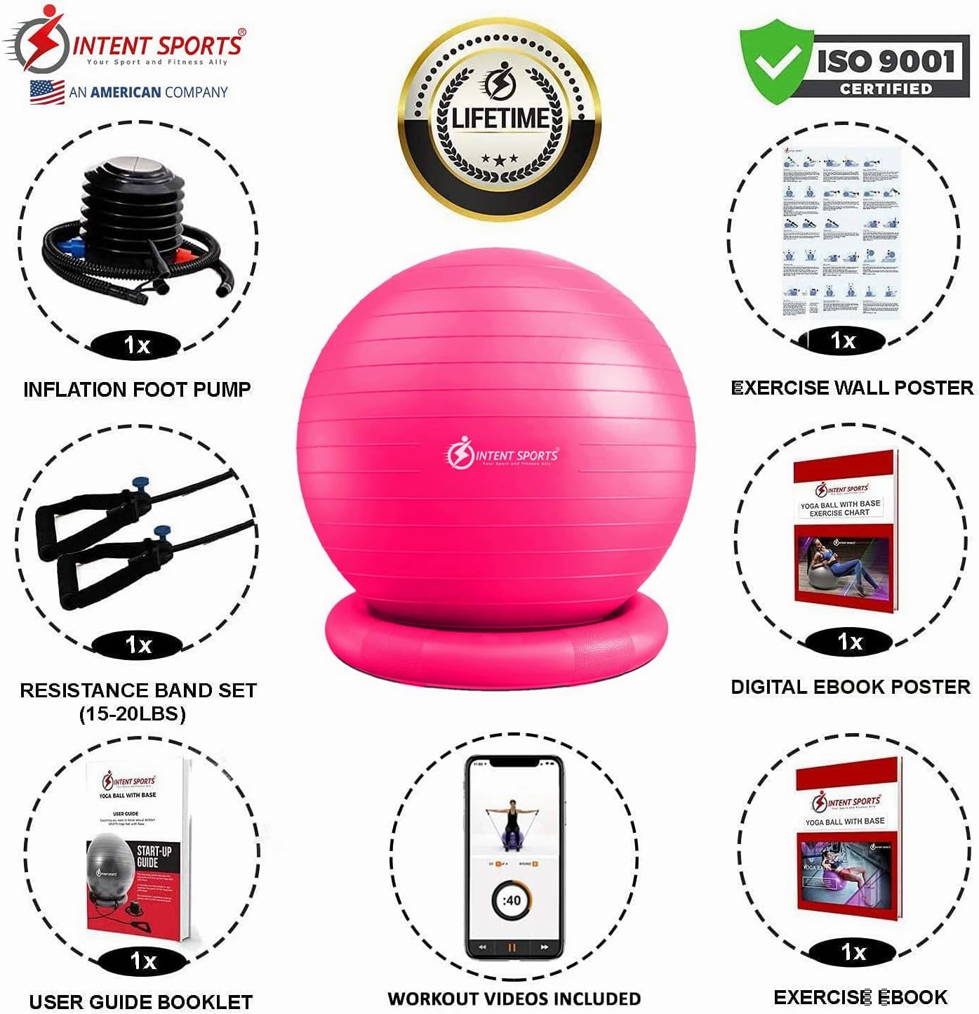 INTENT SPORTS Yoga Ball Chair – Stability Ball with Inflatable Stability Base & Resistance Bands, Fitness Ball for Home Gym, Office, Improves Back Pain, Core, Posture & Balance (65 Cm)