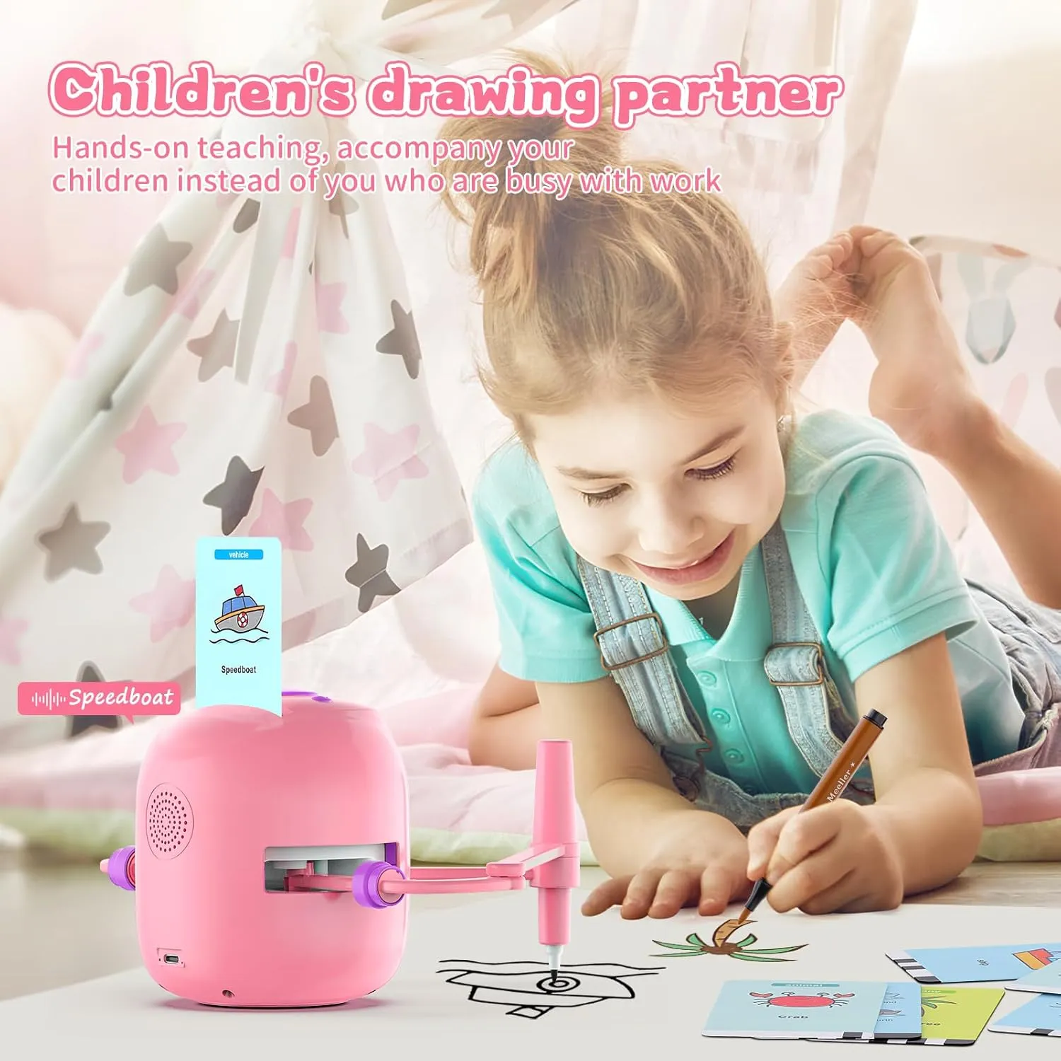 Interactive Educational Drawing Robot for Kids - Montessori Learning Toy with 100 Word Cards, Voice Interaction, Ages 5  (Pink)