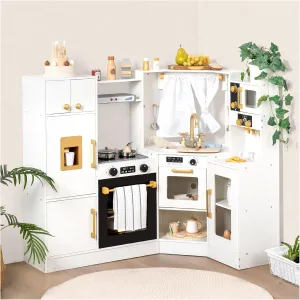Interactive Wooden Toy Play Kitchen Playset for Kids – Realistic Lights & Sounds, Corner Design with 8 Accessories, Gift for Girls & Boys Ages 3 